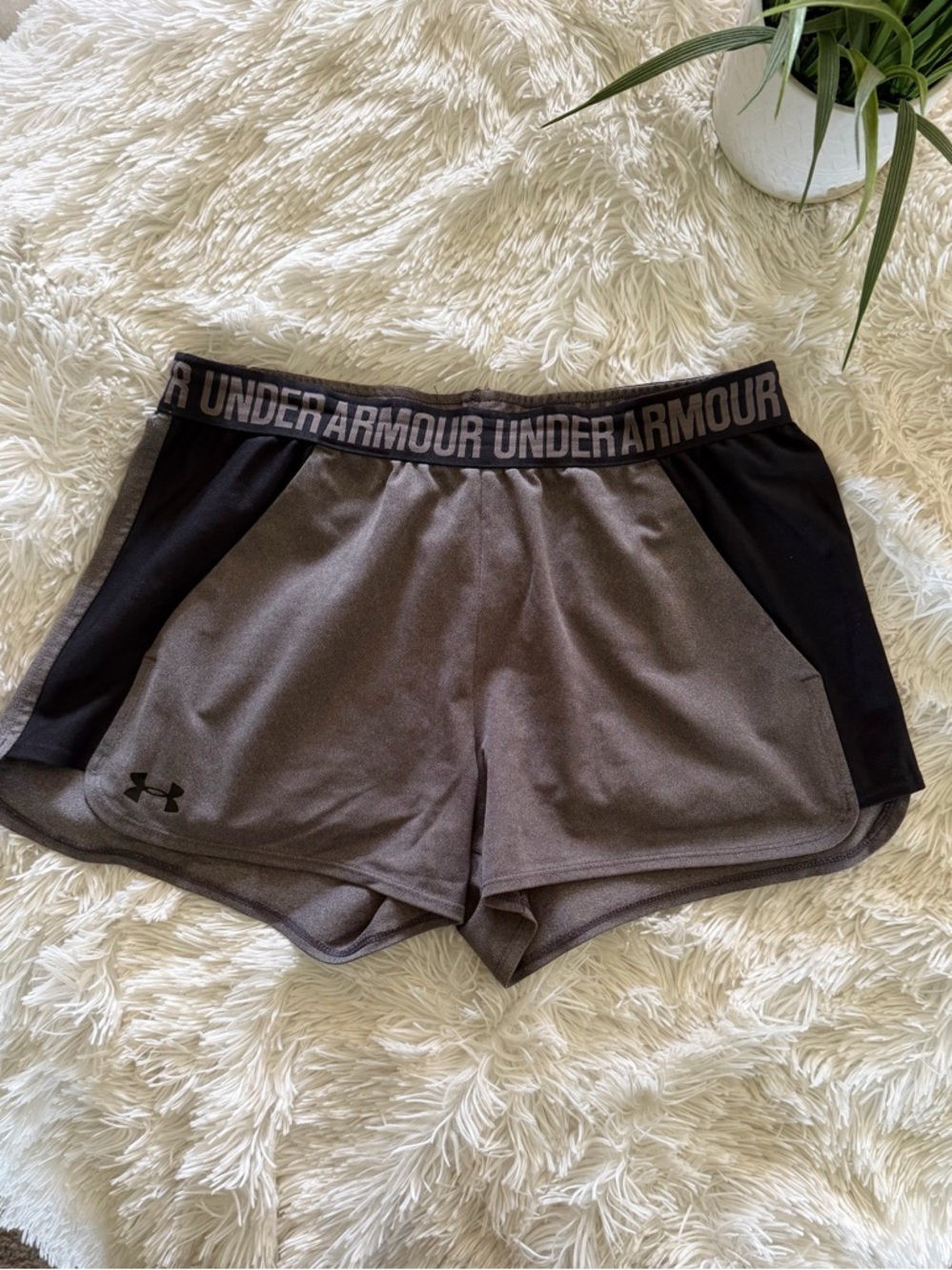 Under Armour Women's Gray and Black Athletic Shorts with Branded Waistband